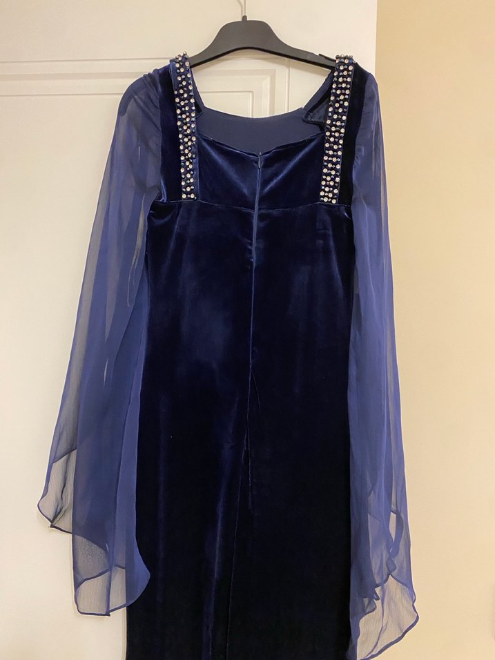 Kadın Lacivert Uzun Kollu Drapeli Abiye Elbise - Görsel 3