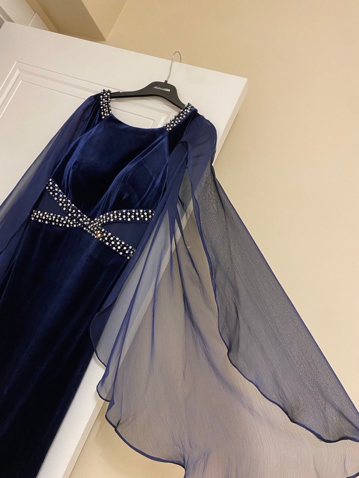 Kadın Lacivert Uzun Kollu Drapeli Abiye Elbise - Görsel 2