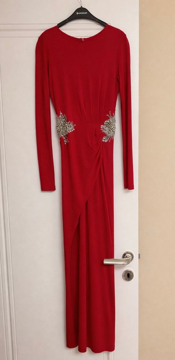 Kırmızı Uzun Kollu İşlemeli Kadın Abiye Elbise - Görsel 3