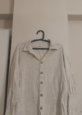 Bej Keten Düğmeli Kadın Gömlek - Görsel 2