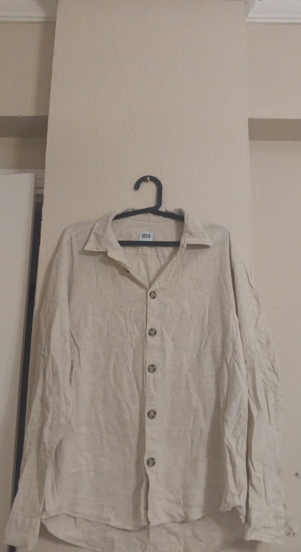 Bej Keten Düğmeli Kadın Gömlek - Görsel 2