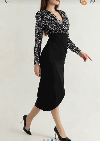 V Yaka Siyah Payetli Midi Elbise - Görsel 2