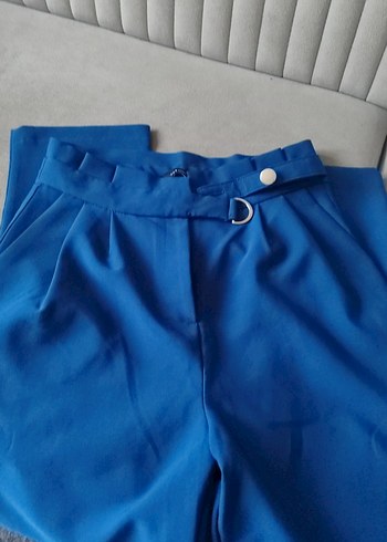 Düğmeli Mavi Midi Kadın Kumaş Pantolon