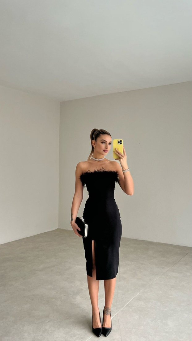 Kürk Detaylı Straplez Siyah Midi Elbise - Görsel 2