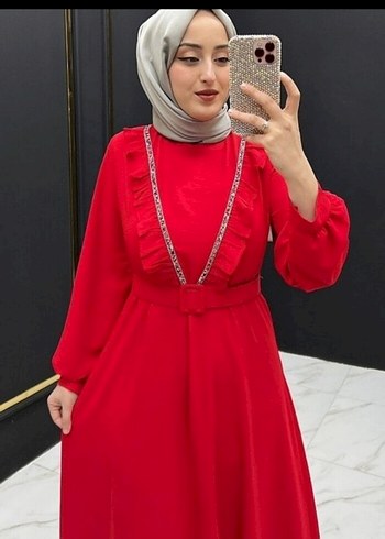 50 Beden Diger Kırmızı İşlemeli Uzun Kollu Kadın Elbise