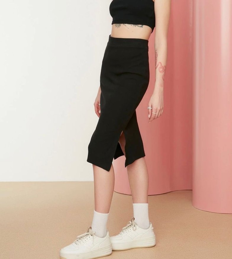 Çift Taraf Yırtmaçlı Fitilli Esnek Midi Örme Etek - Görsel 2