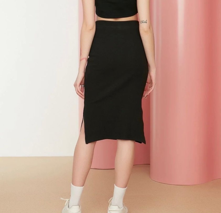 Çift Taraf Yırtmaçlı Fitilli Esnek Midi Örme Etek - Görsel 4