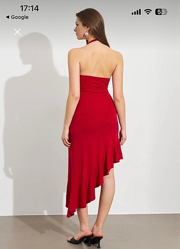 Zara Kırmızı degaje asimetrik midi elbise