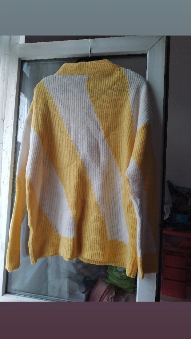 Sarı Beyaz Örgü Yarım Balıkçı Kazak - Görsel 2