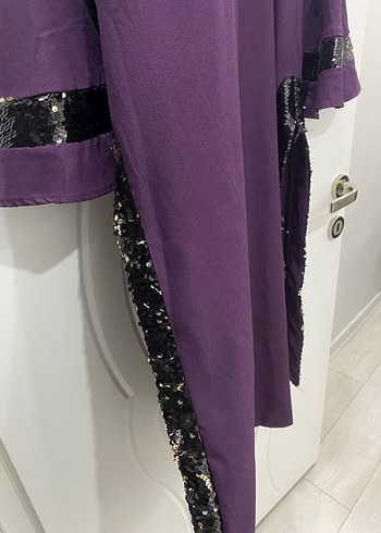 42 Beden Uzun Mor Gotik Nakışlı tunik pantolon ikili takım
