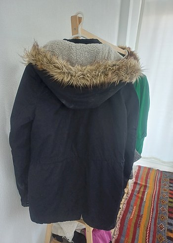 Siyah Kadın Midi Kaban, Kürklü Kapüşonlu - Görsel 3