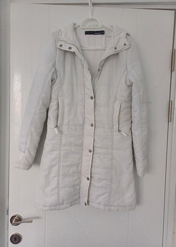 Düğmeli Beyaz Midi Keten Kadın Ceket - Görsel 2