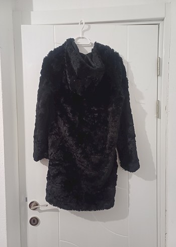 Siyah Midi Kadın Peluş Kürk Kaban - Görsel 6