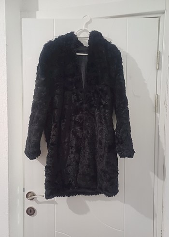 Siyah Midi Kadın Peluş Kürk Kaban - Görsel 2