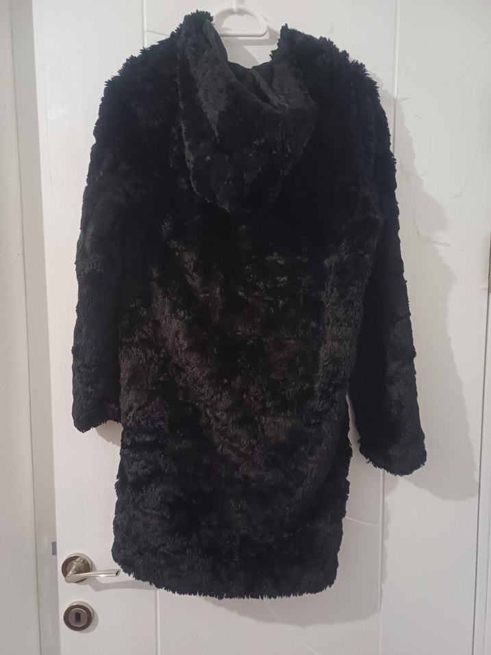 Siyah Midi Kadın Peluş Kürk Kaban - Görsel 5