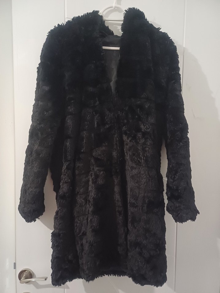 Siyah Midi Kadın Peluş Kürk Kaban - Görsel 3