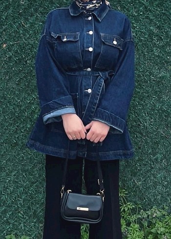 Kadın Lacivert Kemerli Midi Denim Ceket