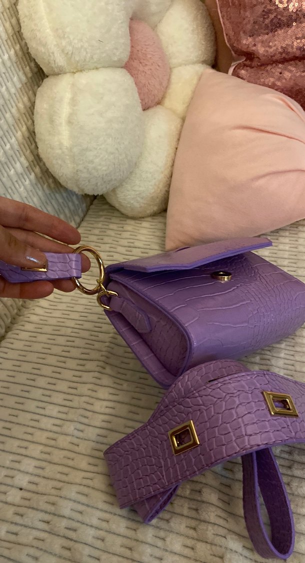 Mor Deri Kemerli Yılan Desenli Kadın Çanta - Görsel 4