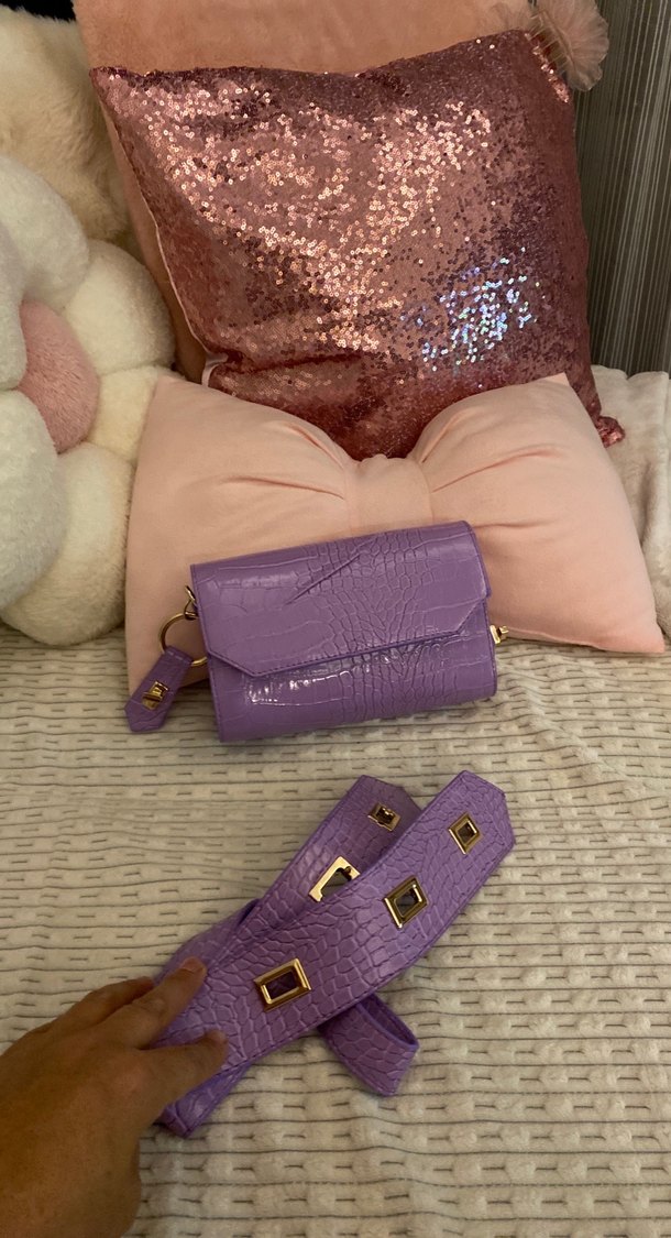 Mor Deri Kemerli Yılan Desenli Kadın Çanta - Görsel 2