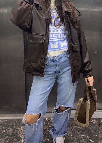 Mavi Baskılı Örgü Kadın Kazak - Görsel 3