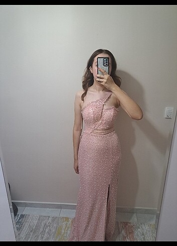 38 Beden pembe Renk Uzun incili ve pullu abiye