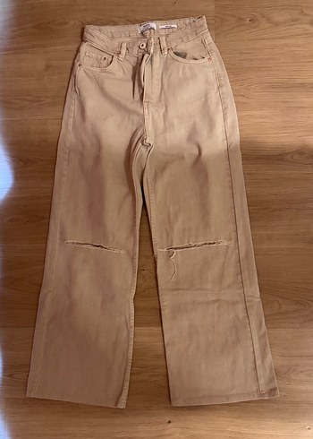 BERSHKA Bej Düğmeli Kadın Keten Pantolon - Görsel 2