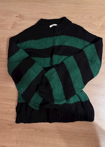 Yeşil Siyah Çizgili Örgü Kadın Kazak - Görsel 2