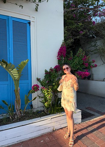 Sarı Transparan Straplez Mini Bohem Elbise - Görsel 2