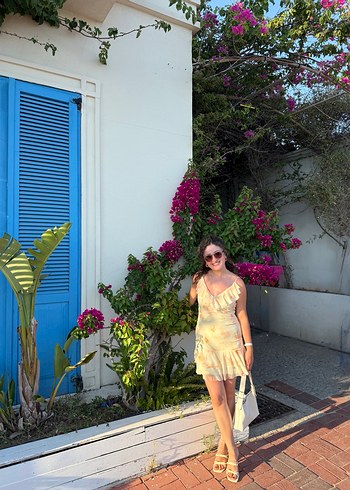 Sarı Transparan Straplez Mini Bohem Elbise - Görsel 3