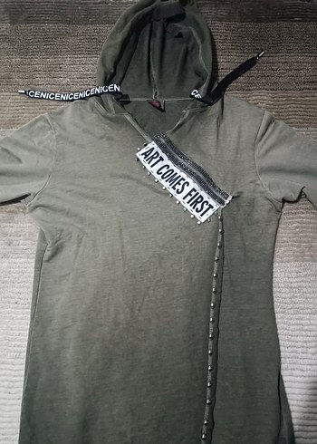 40 Beden gri Renk Kadın Gri Kemerli Kapüşonlu Uzun Sweatshirt