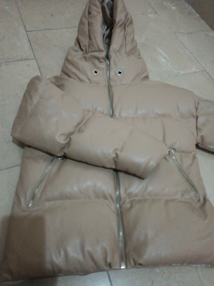 Bej Kapüşonlu Deri Kadın Kışlık mont - Görsel 2