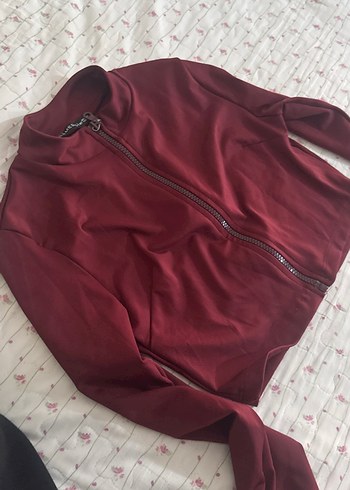 s Beden bordo Renk Bordo Fermuarlı Yüksek Yakalı crop Kadın Ceket