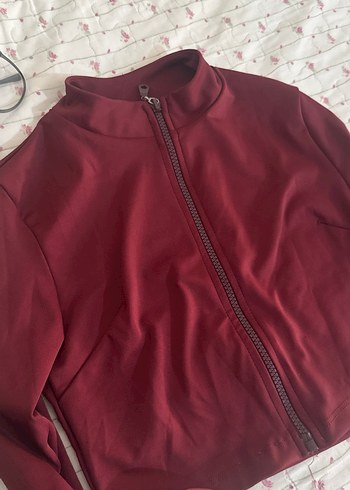 Diğer Bordo Fermuarlı Yüksek Yakalı crop Kadın Ceket