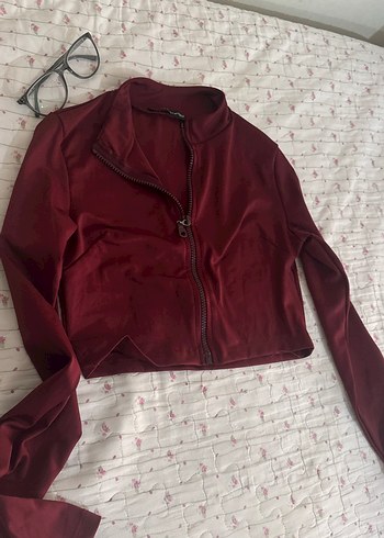 Bordo Fermuarlı Yüksek Yakalı crop Kadın Ceket