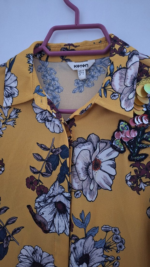 Sarı Çiçek Desenli Uzun Kollu Kadın Gömlek - Görsel 2