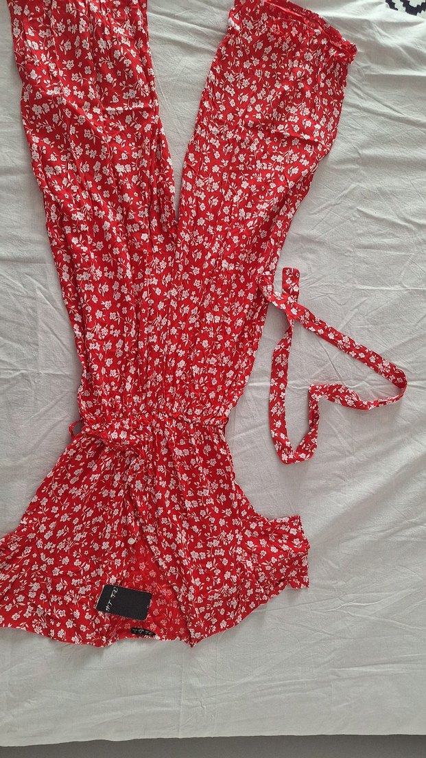 giyilmedi Kırmızı Çiçek Desenli Bohem Kadın Tulum - Görsel 5