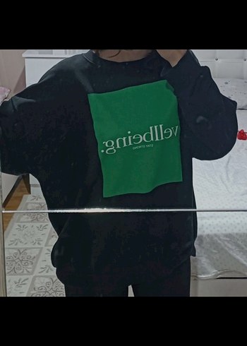 m Beden Kadın Siyah Yeşil Baskılı Sweatshirt