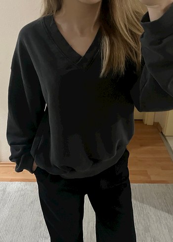 antrasit V Yaka Rahat Kesim Kadın Sweatshirt - Görsel 2