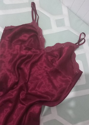 Bordo Parlak Askılı Midi Gecelik - Görsel 2