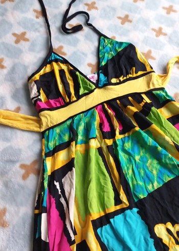 Renkli Bağlamalı Uzun Halter Yaka Elbise - Görsel 2