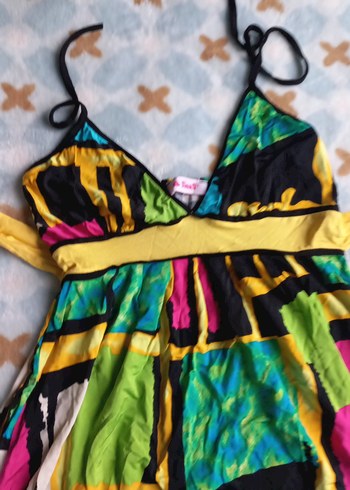 Renkli Bağlamalı Uzun Halter Yaka Elbise - Görsel 3