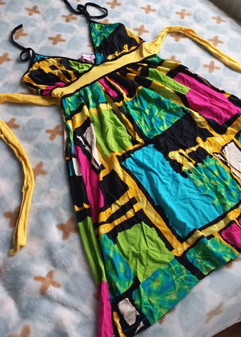 Renkli Bağlamalı Uzun Halter Yaka Elbise - Görsel 4