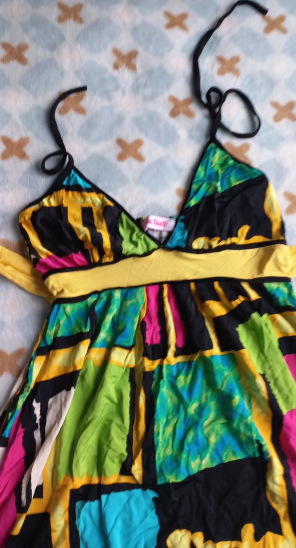 Renkli Bağlamalı Uzun Halter Yaka Elbise - Görsel 3