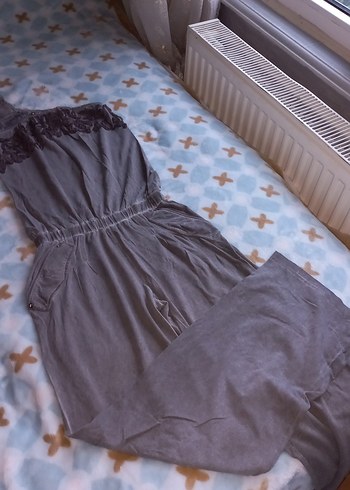 Gri Nakışlı Tek Omuz Bohem kadın Tulum - Görsel 2