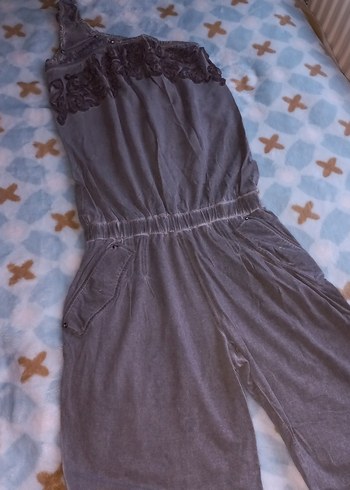 Gri Nakışlı Tek Omuz Bohem kadın Tulum - Görsel 4