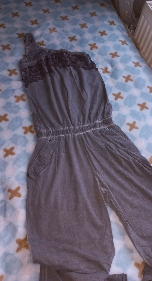 Gri Nakışlı Tek Omuz Bohem kadın Tulum - Görsel 4