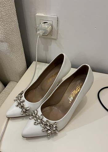 Beyaz Taşlı Kadın Yüksek Topuklu Abiye Gelin Ayakkabısı - Görsel 3