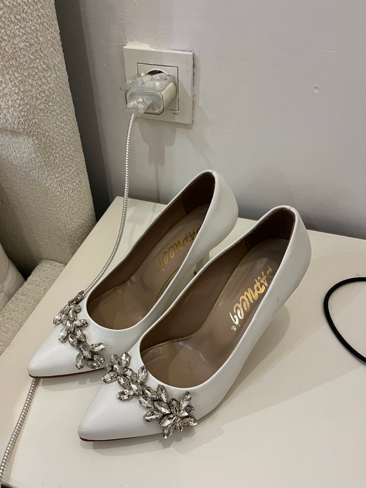 Beyaz Taşlı Kadın Yüksek Topuklu Abiye Gelin Ayakkabısı - Görsel 3