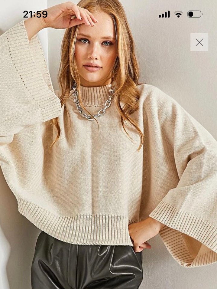 Salaş Kesim Bej Kadın Triko Kazak - Görsel 2