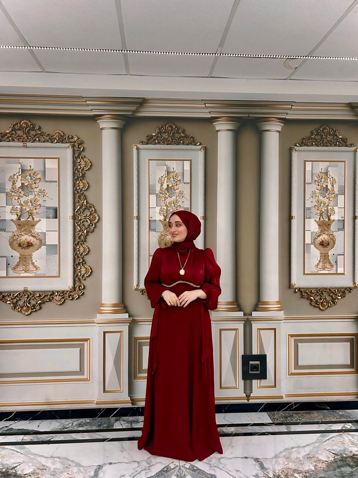 Bordo İşlemeli Uzun Kollu Kadın Abiye - Görsel 2